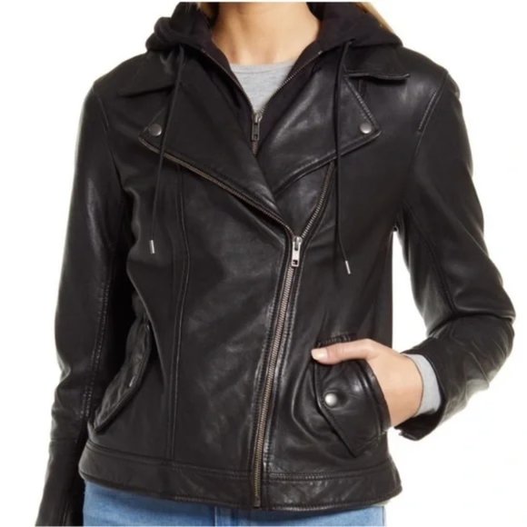 NWT Caslon Black Leather Moto Jacket with Removable Hood